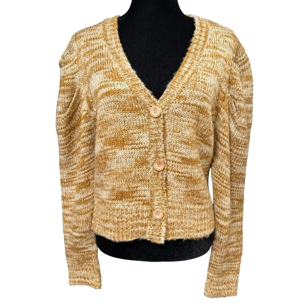 En Saison Golden Honey Marled Puff Sleeve Cropped Knit Cardigan Sweater Medium - Picture 2 of 8